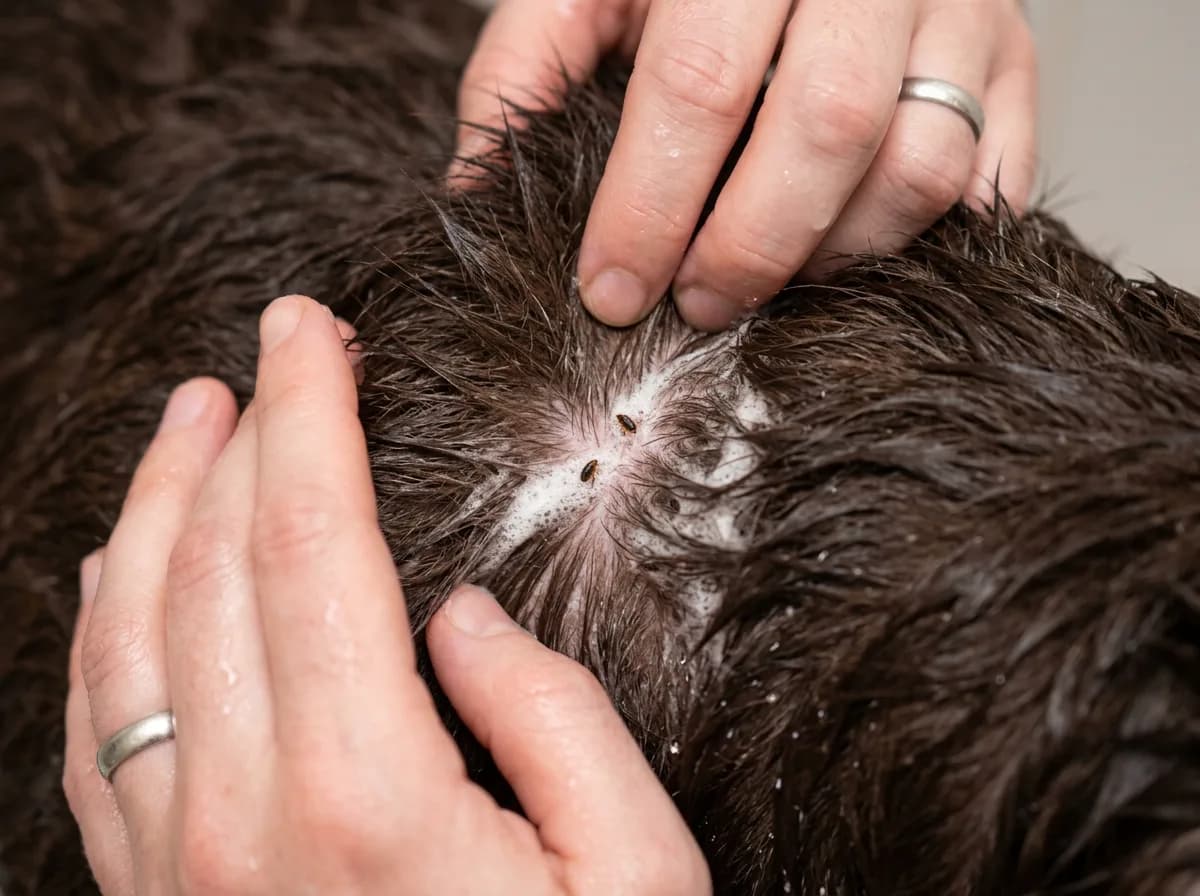 A close-up of parted wet Labrador fur showing shampoo lather and two tiny dark dead fleas caught in the suds at the skin