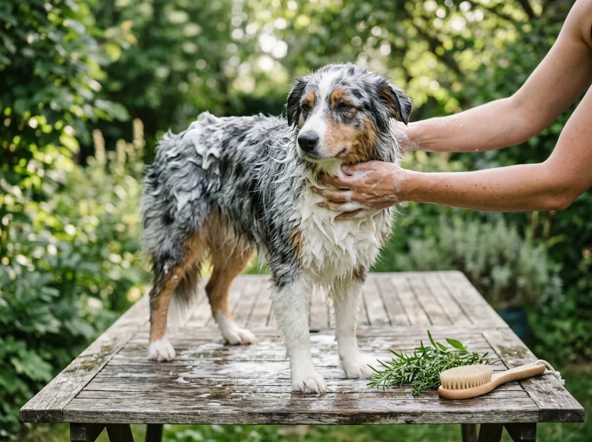 An Australian Shepherd is lathered with suds on a garden table beside fresh herb sprigs and a wooden brush