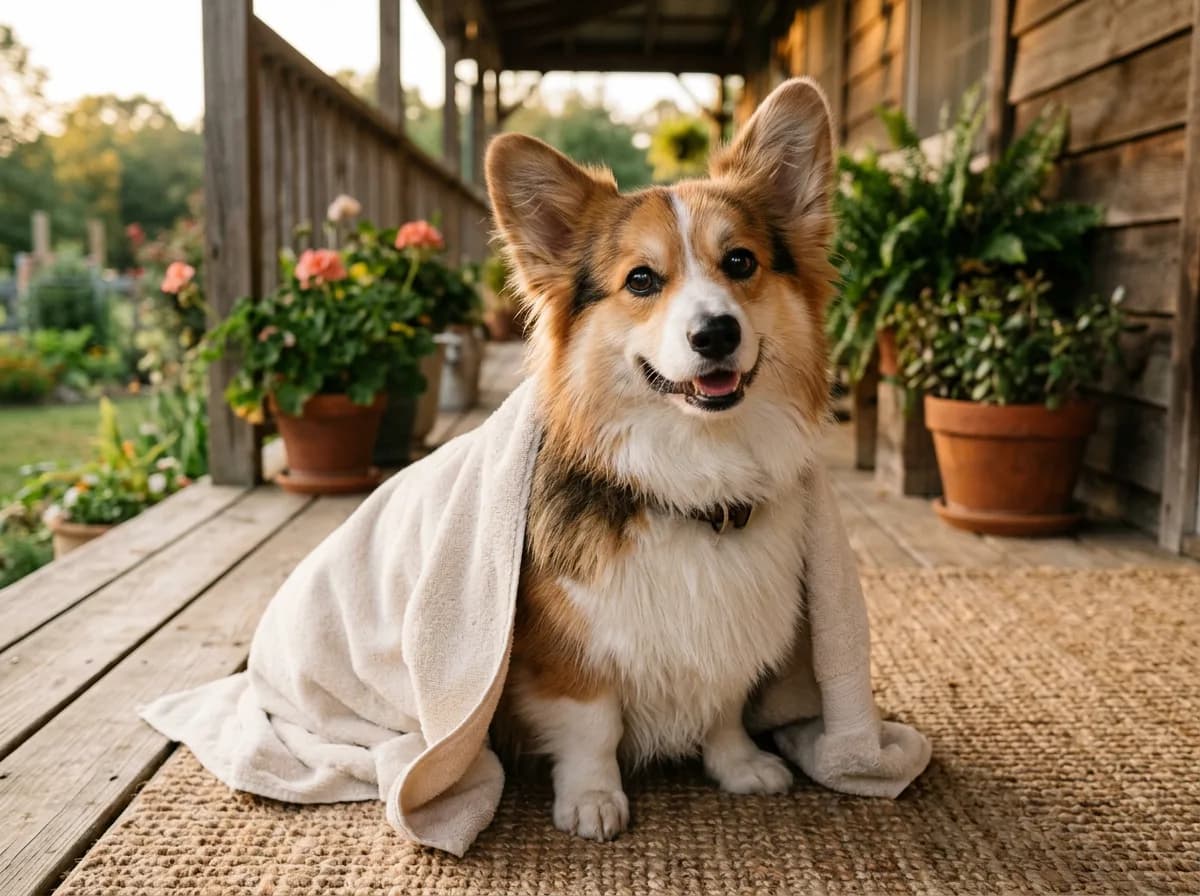 A freshly bathed fluffy Corgi wrapped in a plain soft towel resting on a covered porch in warm light