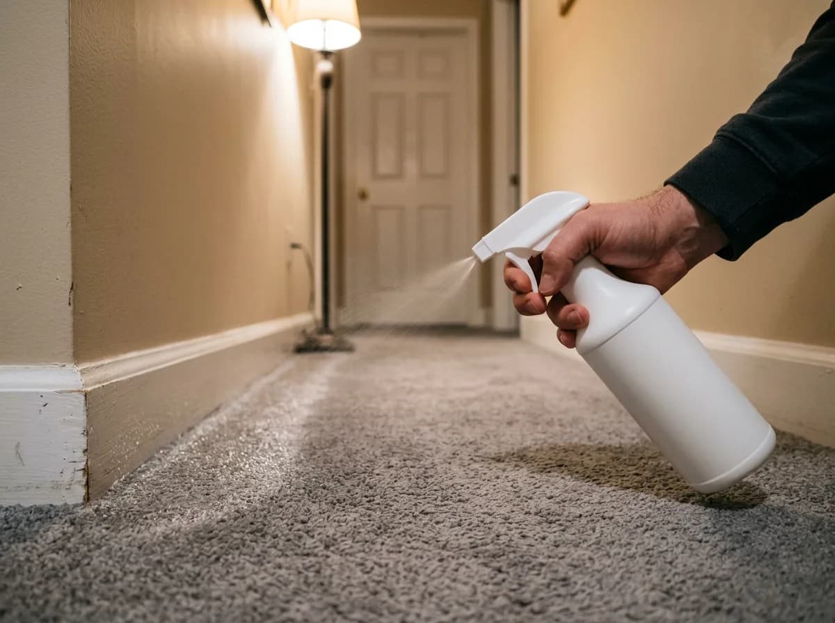 Hand spraying a fine mist along the seam where grey carpet meets a white baseboard