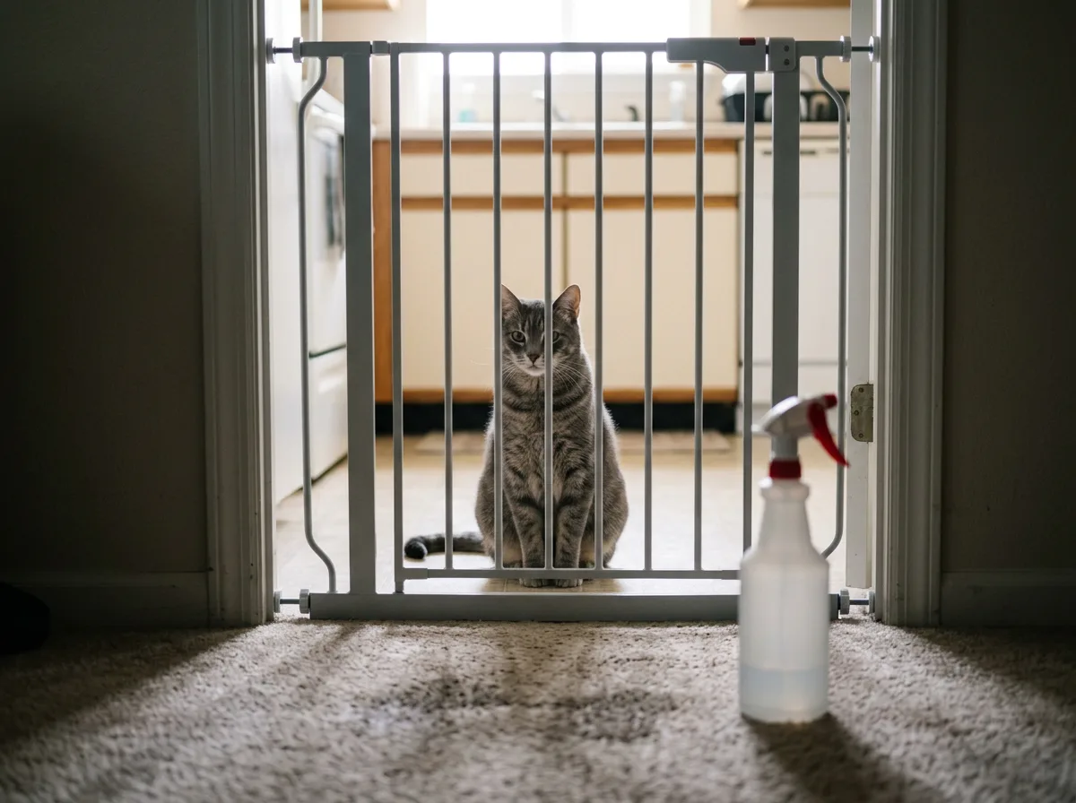 Grey tabby cat sitting behind a white doorway pet gate, spray bottle on treated carpet