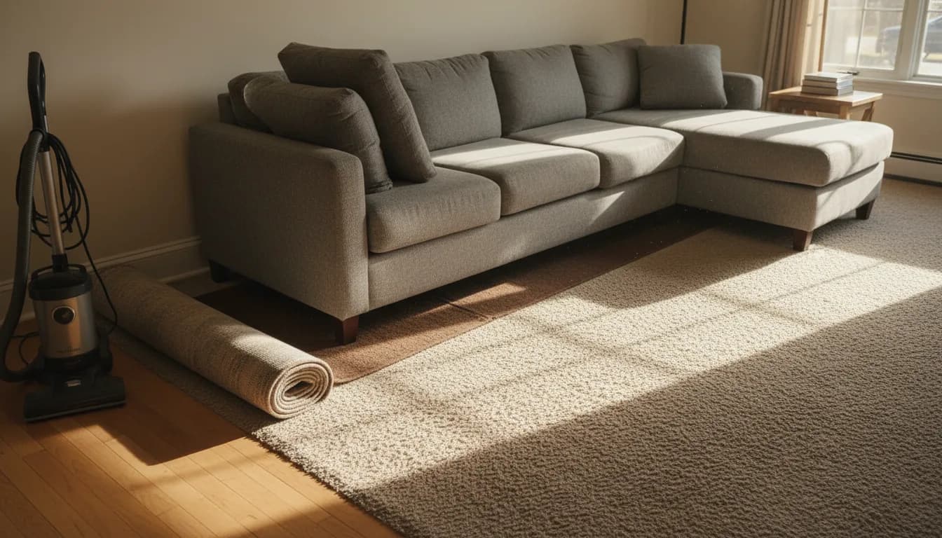 Living room mid flea treatment with the sofa pulled from the wall, cushions stacked, the rug rolled back and a vacuum standing ready in afternoon light