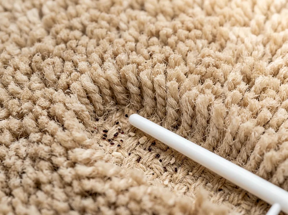 Macro view of beige carpet fibres parted to reveal dark flea dirt specks