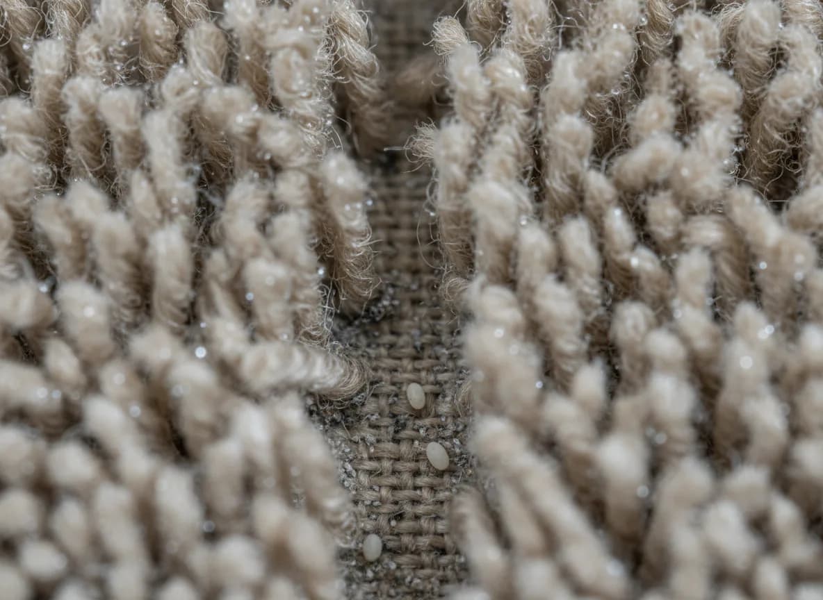 Macro view of carpet fibres parted to the backing, fine spray droplets on the fibres and pale flea eggs resting at the base