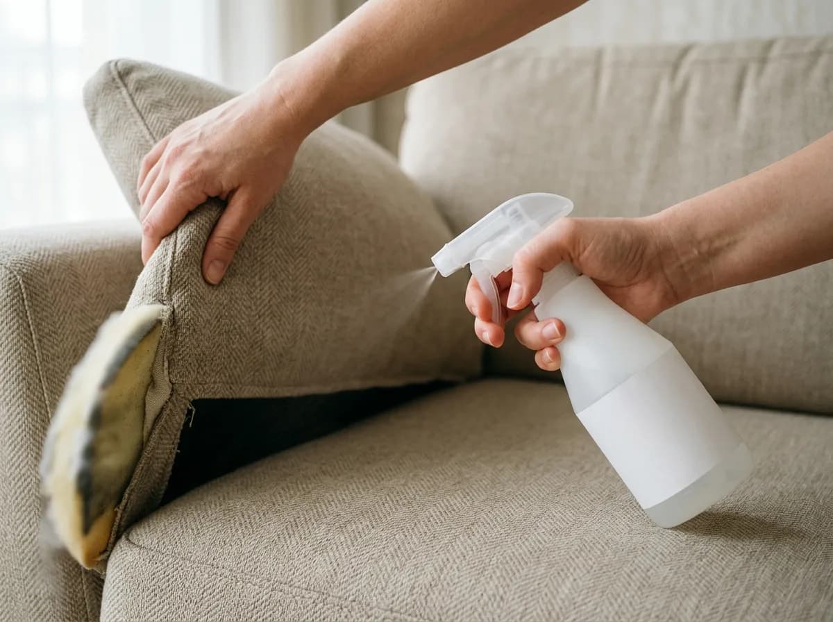 Hands lifting a sofa cushion and spraying into the exposed seam where flea larvae collect