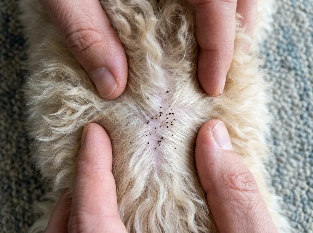 Two hands part a light-colored dog's fur to reveal skin dotted with tiny black flecks of flea dirt.