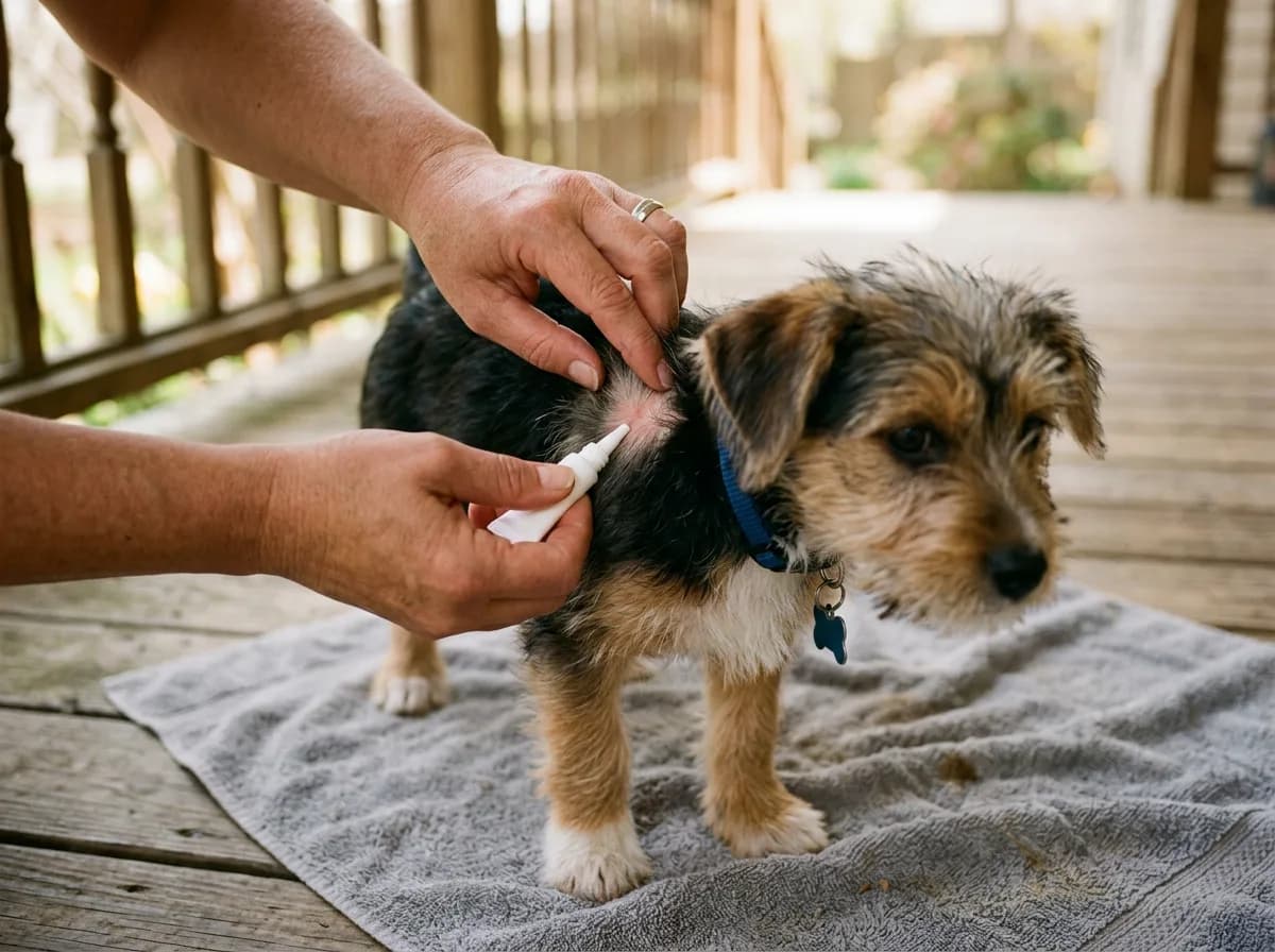Hands part the fur on a blue-collared terrier puppy's neck to apply a white spot-on flea treatment applicator.