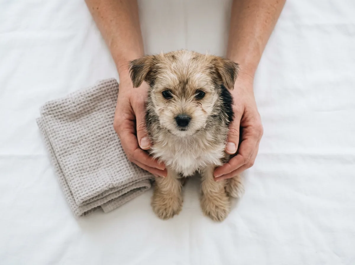 Overhead view of two hands gently holding a small tan terrier puppy on a white sheet beside a folded towel.
