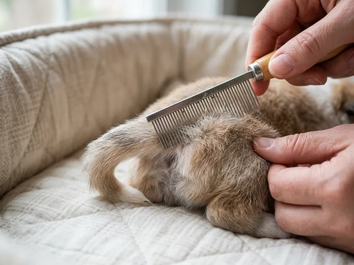A hand draws a fine metal flea comb through the fluffy fur of a puppy curled on a cream quilted bed.