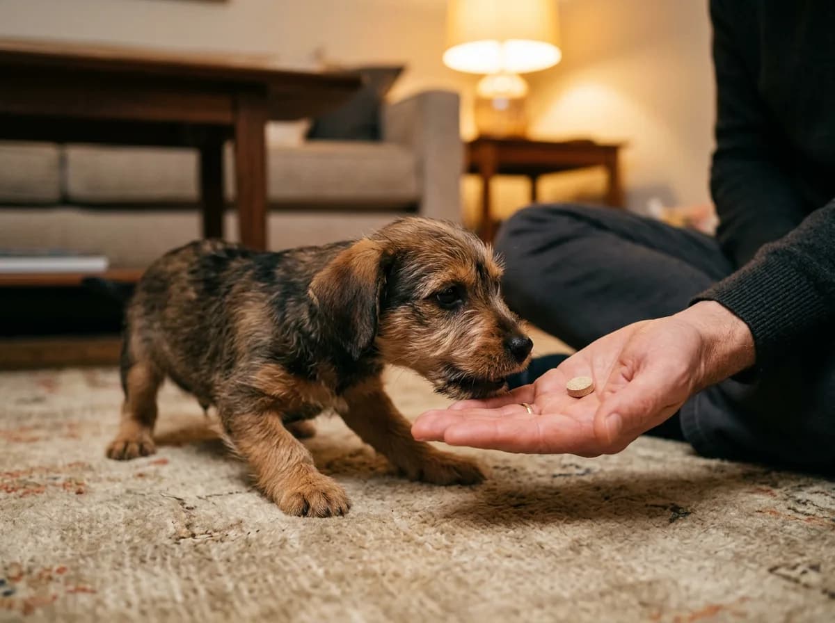 A small terrier puppy sniffs a round chewable tablet offered on a person's open palm in a warmly lit living room.
