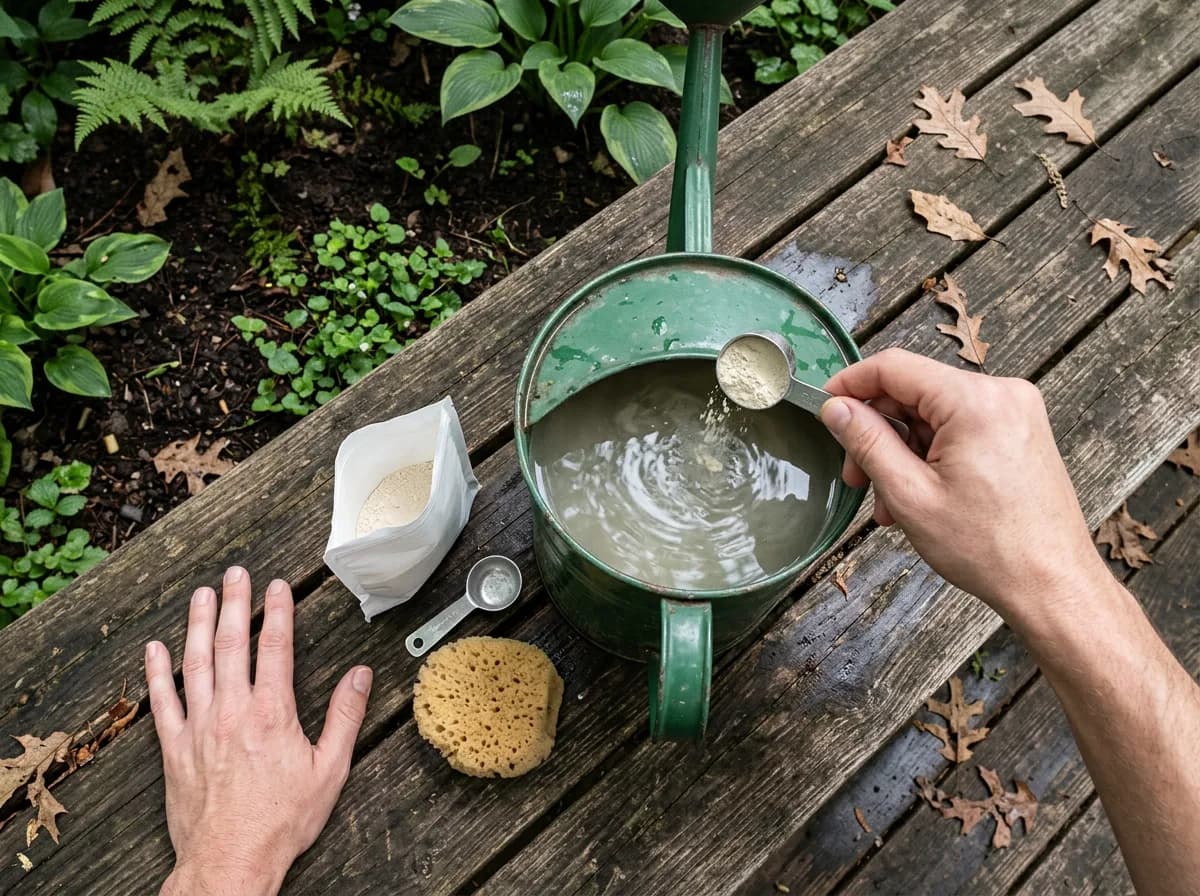 Overhead view of hands stirring pale powder from a scoop into a green watering can