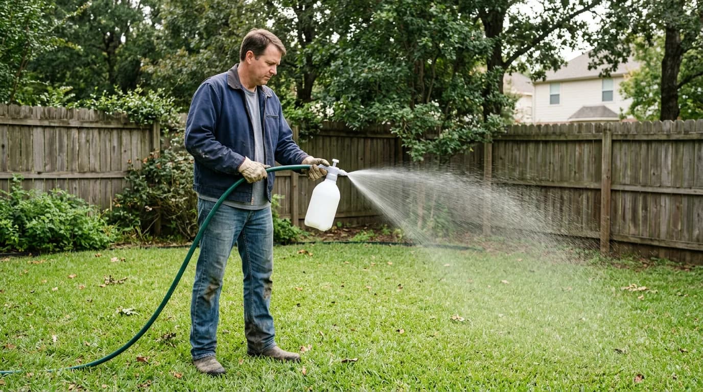 Man in work gloves spraying a hose-end applicator across a fenced backyard lawn
