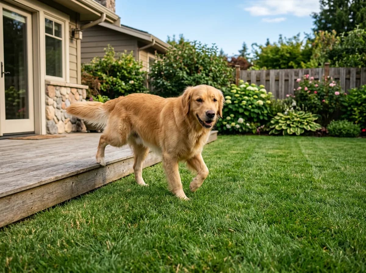 Golden retriever stepping off a wooden deck onto a dry sunlit backyard lawn