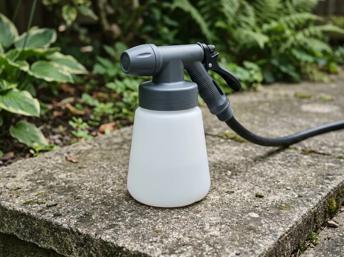 Unlabeled hose-end sprayer bottle resting on a concrete paver beside ferns and hostas
