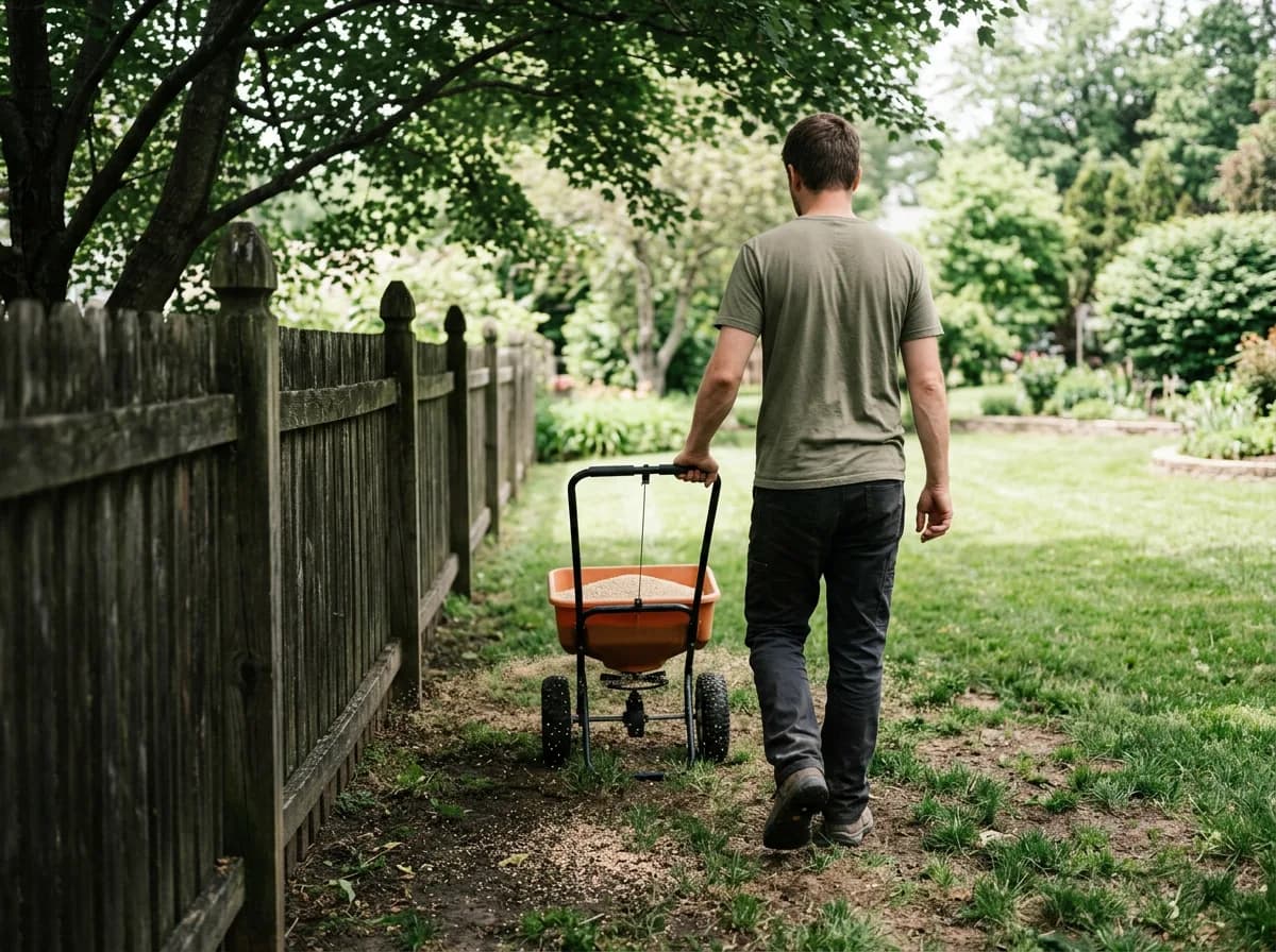 Person pushing an orange broadcast spreader of tan granules along a shaded wooden fence line