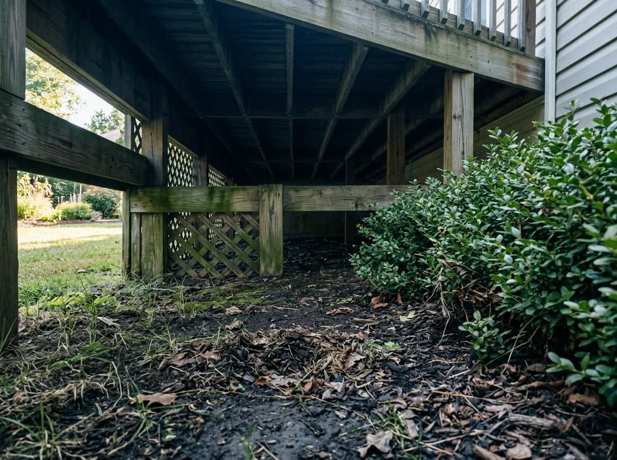 Damp shaded soil, leaf litter and shrubs in the dark crawl space beneath a deck