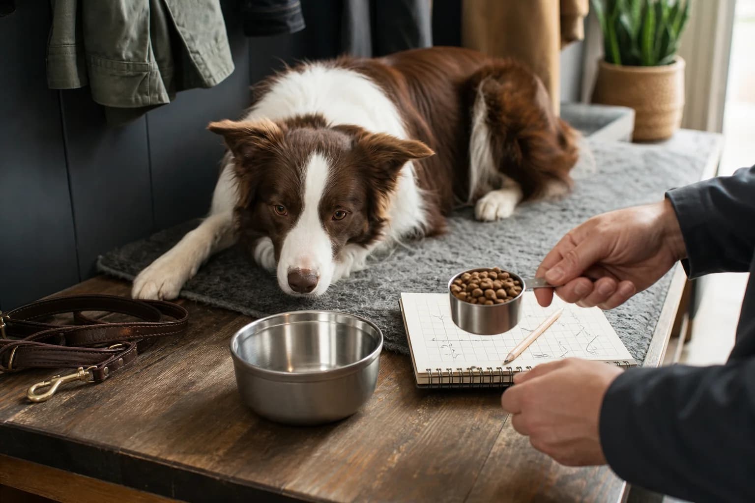 Owner measuring kibble beside a feeding log while a red-and-white Border Collie rests nearby