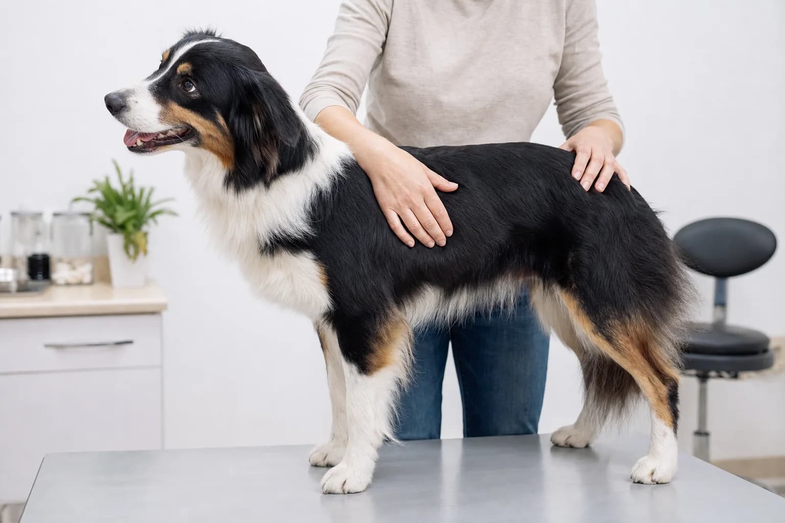 Lean tricolor Border Collie standing in profile while an owner performs a body-condition check
