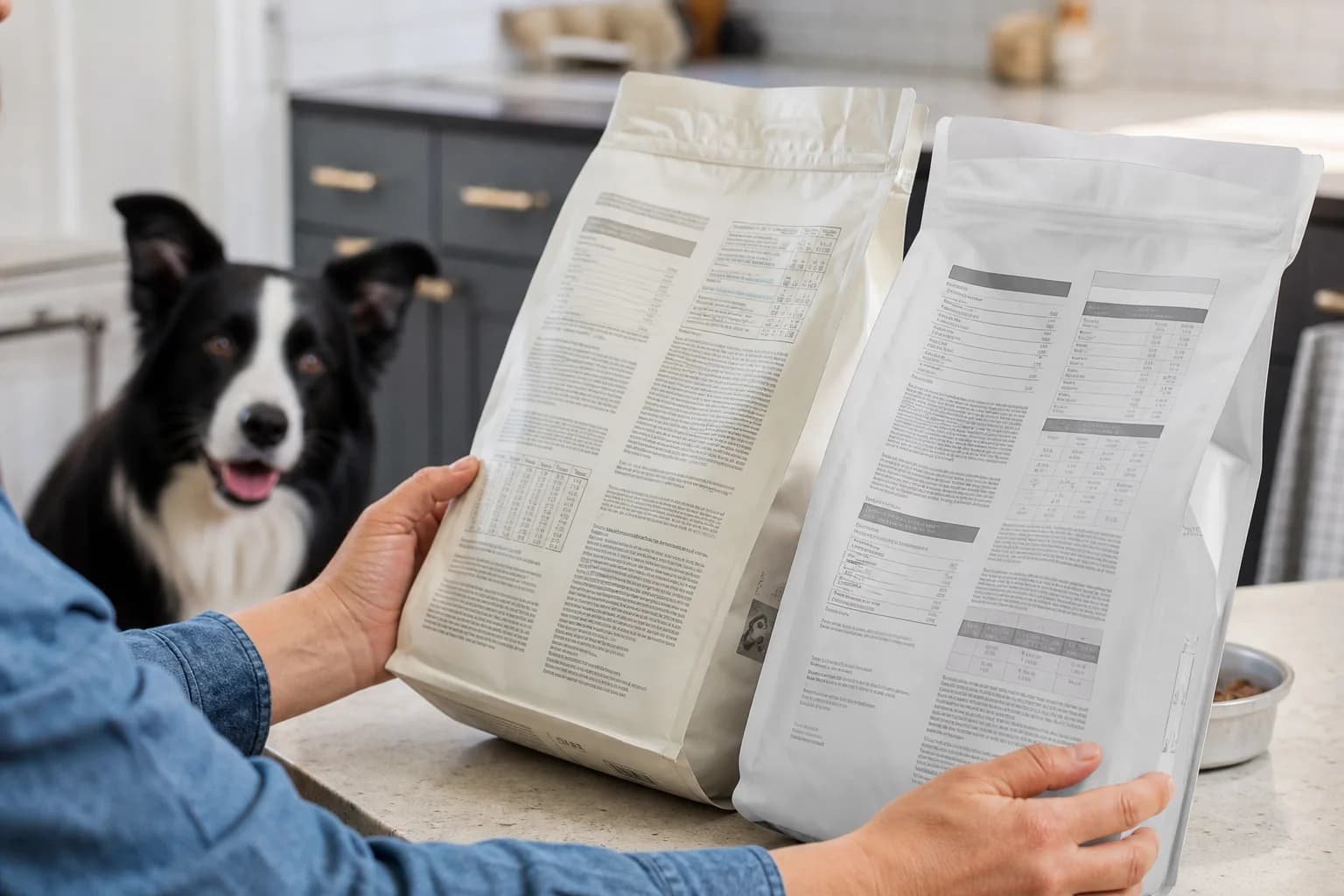 Owner comparing nutrition and calorie panels on two dog-food bags with a Border Collie nearby