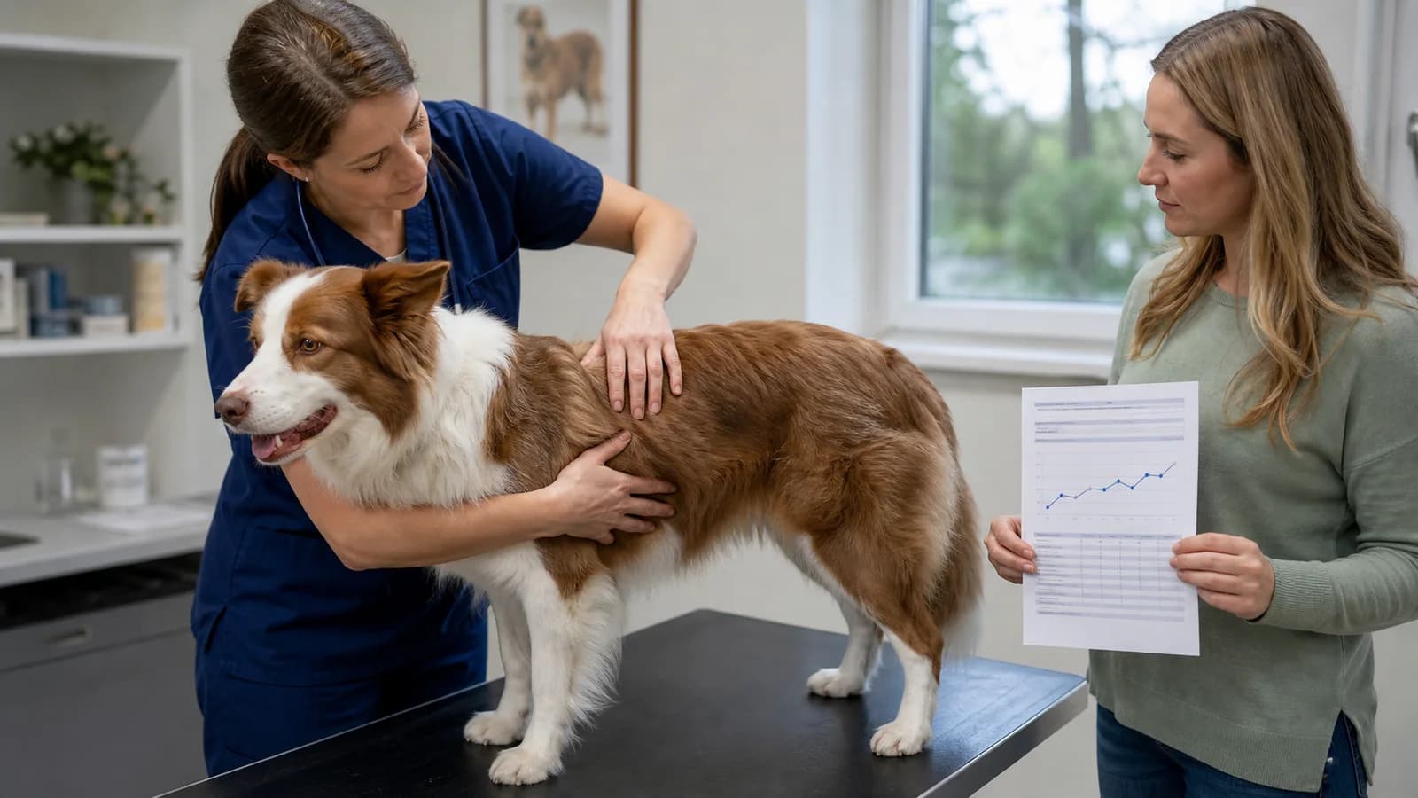 Veterinarian examining a red-and-white Border Collie's body condition while the owner holds a paper trend log