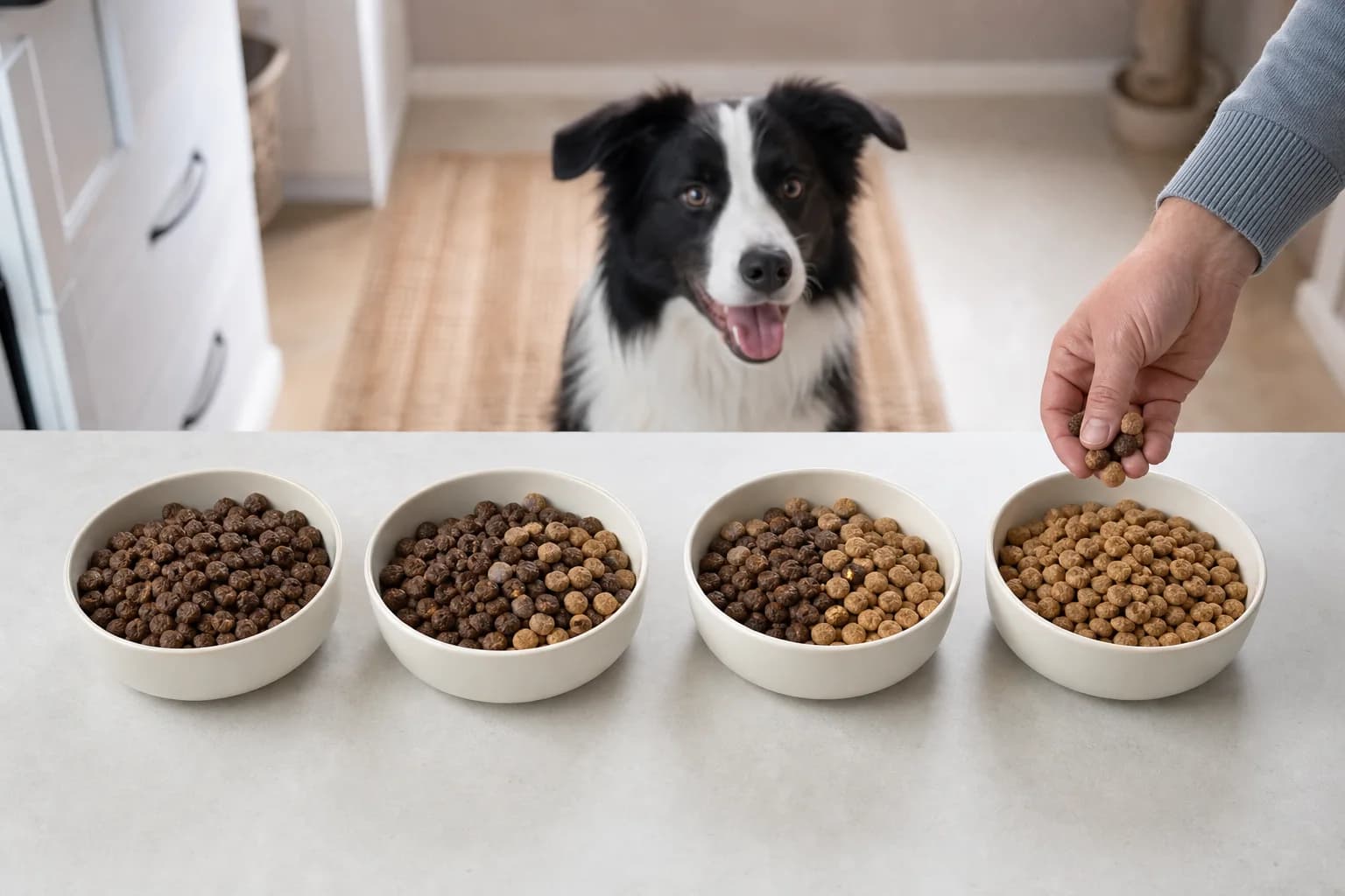 Four bowls showing a gradual old-to-new kibble transition with a Border Collie waiting behind them
