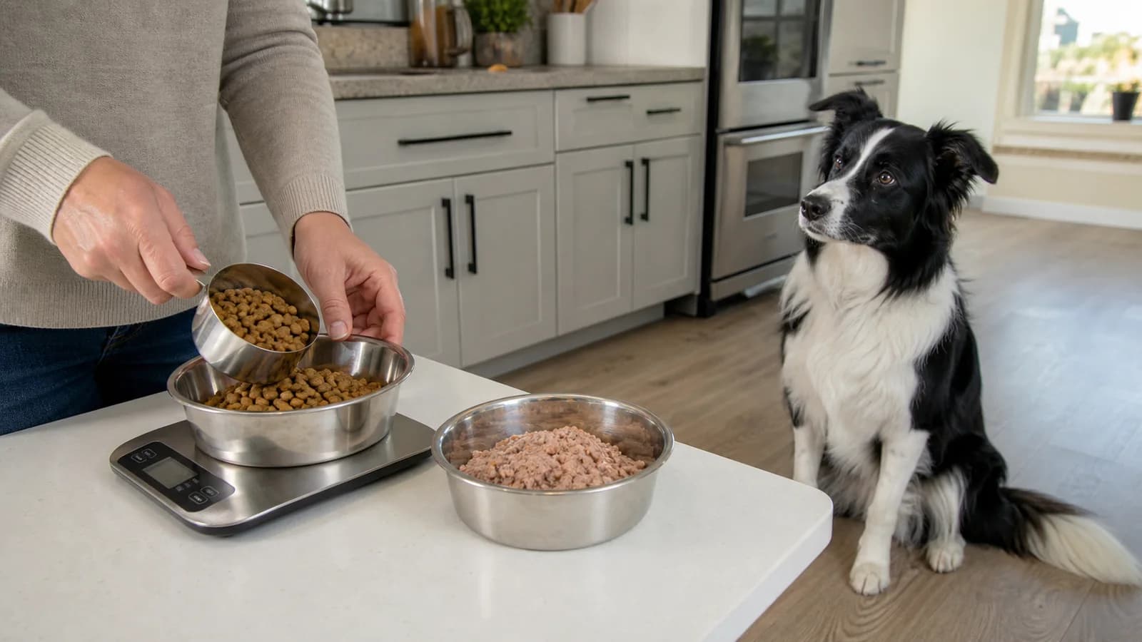 Adult Border Collie waiting while an owner measures kibble beside a separate bowl of wet food