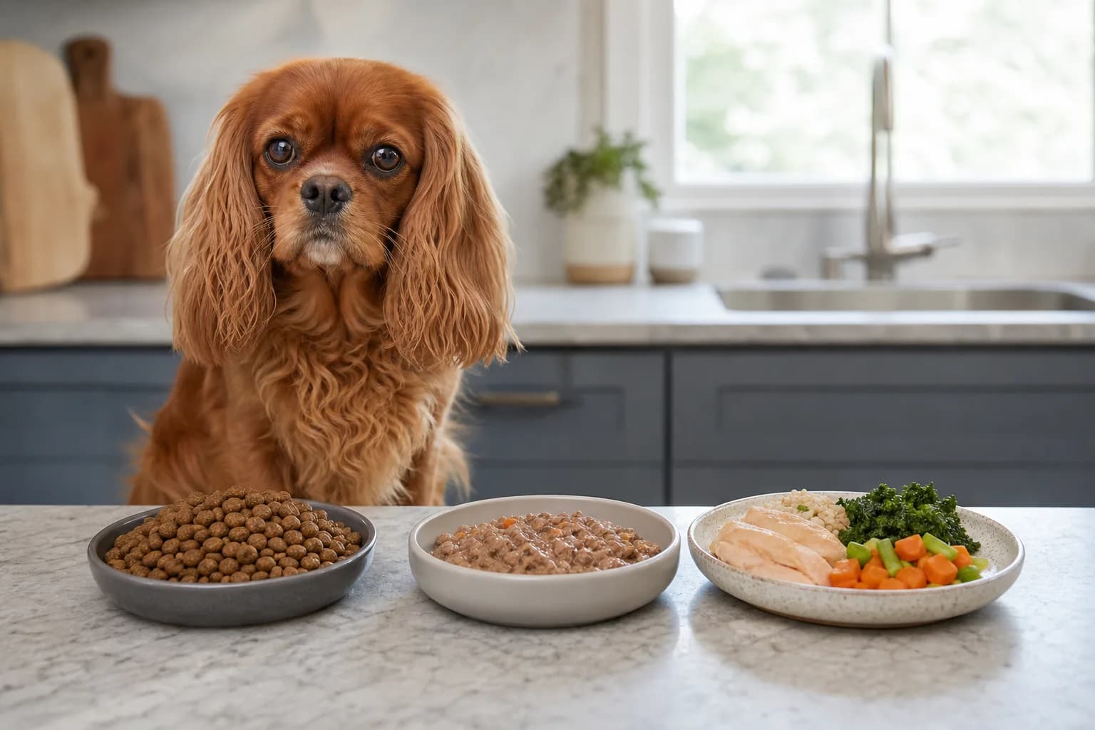 Ruby Cavalier beside dry, wet, and fresh-style food formats arranged for comparison