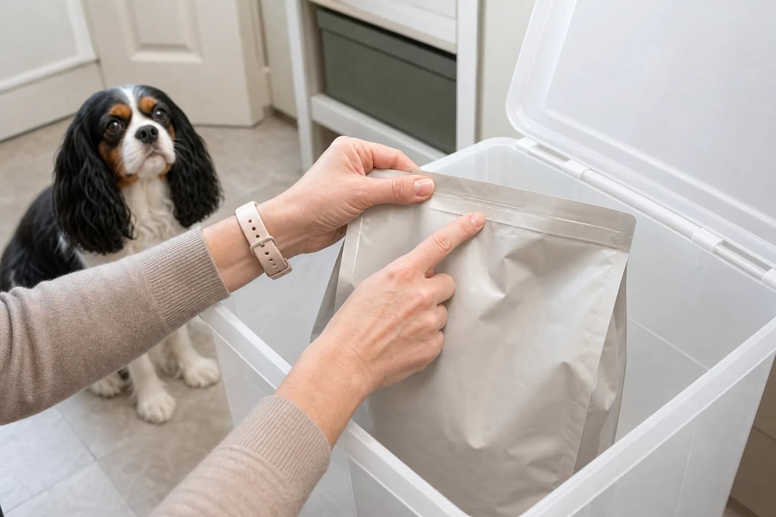 Owner checking the lot-code area of dog-food packaging before sealing it in a storage bin