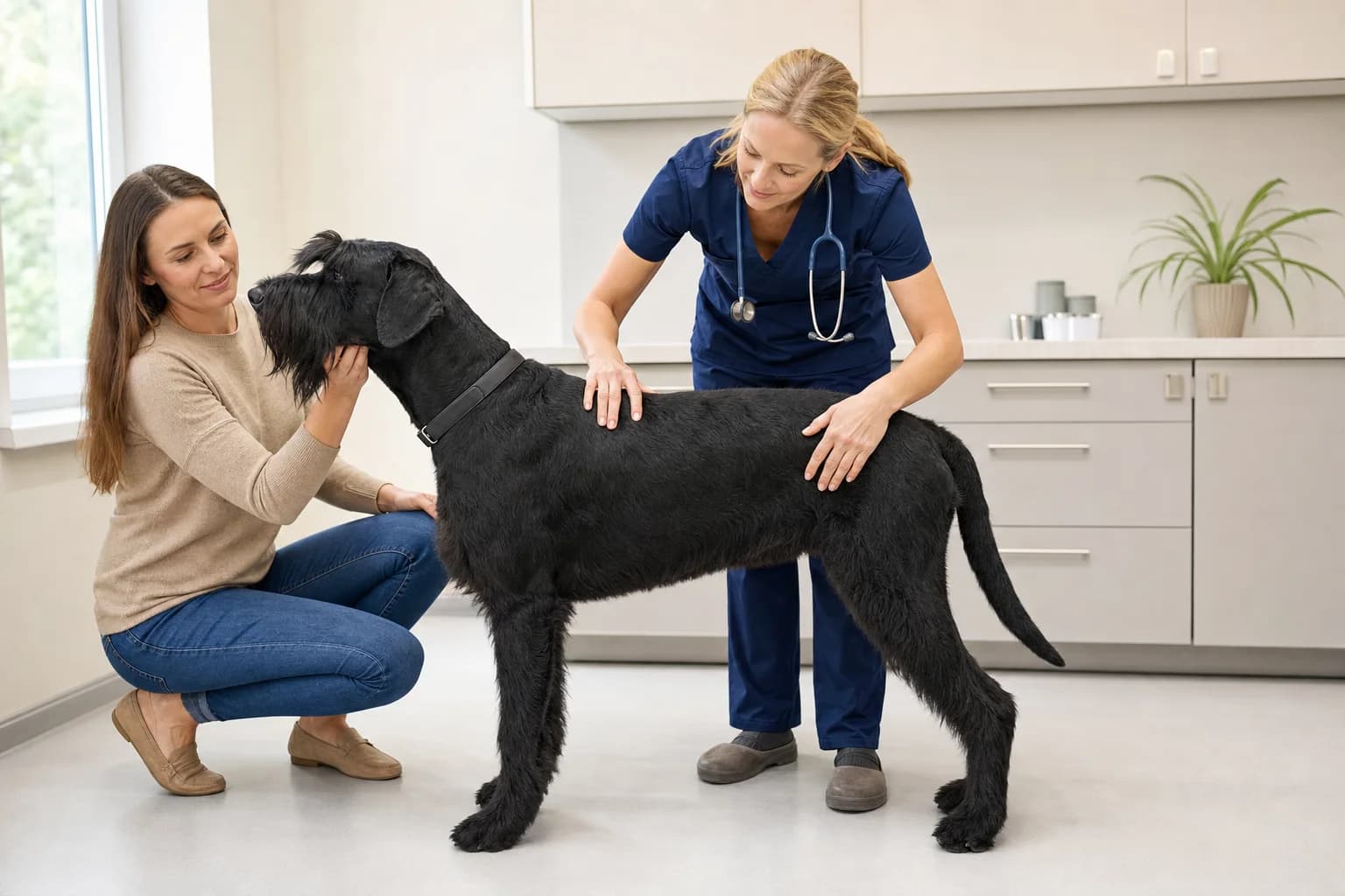Veterinarian assessing Giant Schnauzer ribs waist and muscle condition
