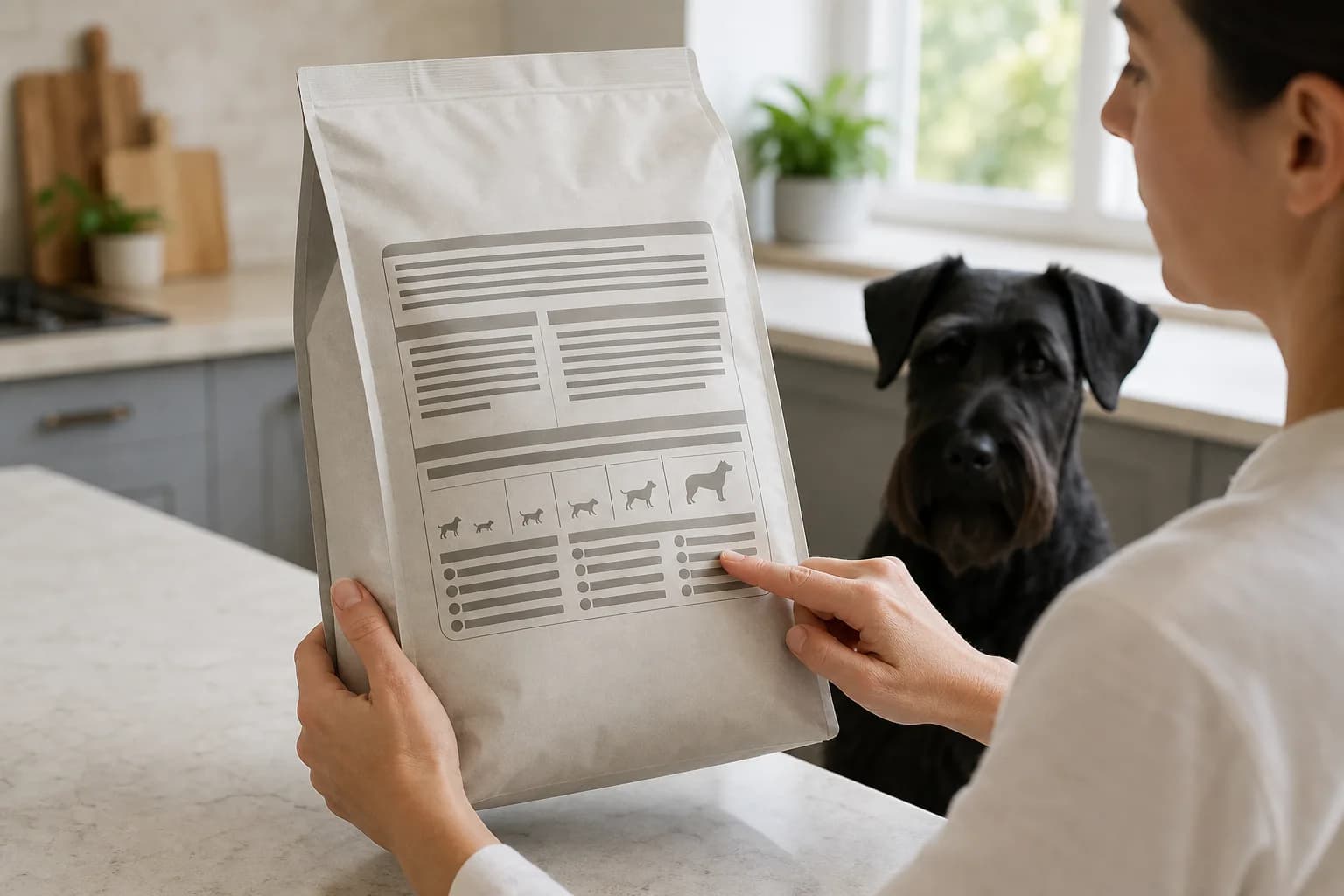Reader locating the complete-and-balanced and life-stage statement on an unbranded dog-food package