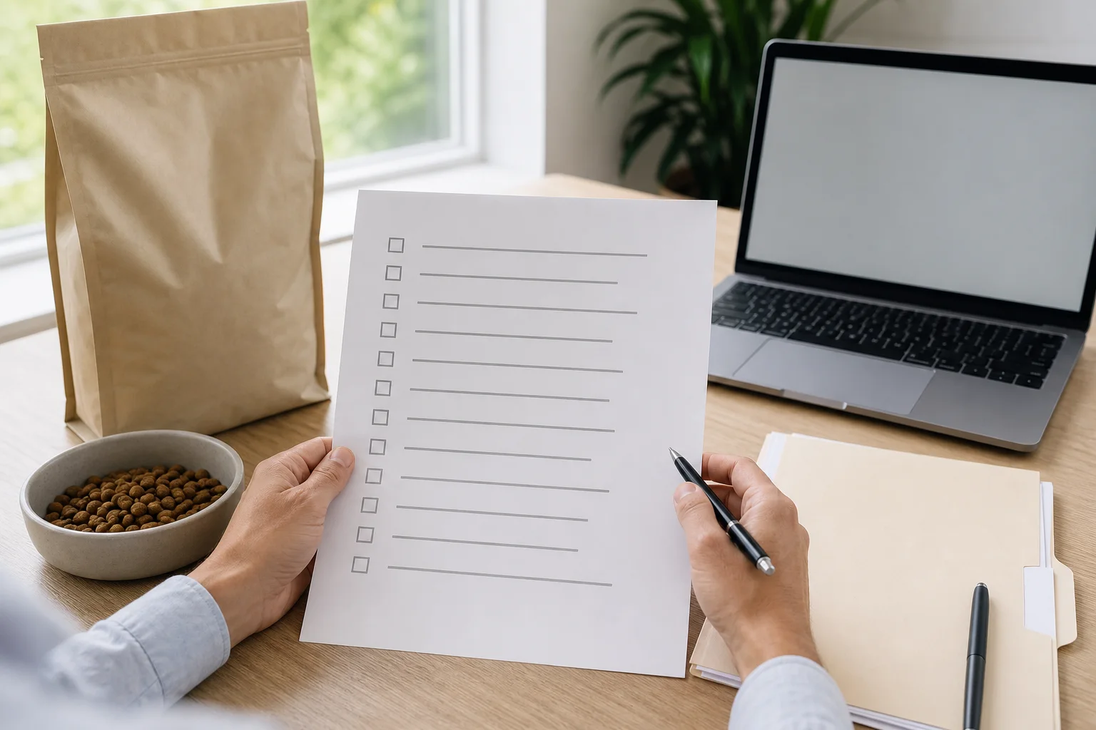 Unbranded checklist of pet-food formulation expertise and quality-control questions