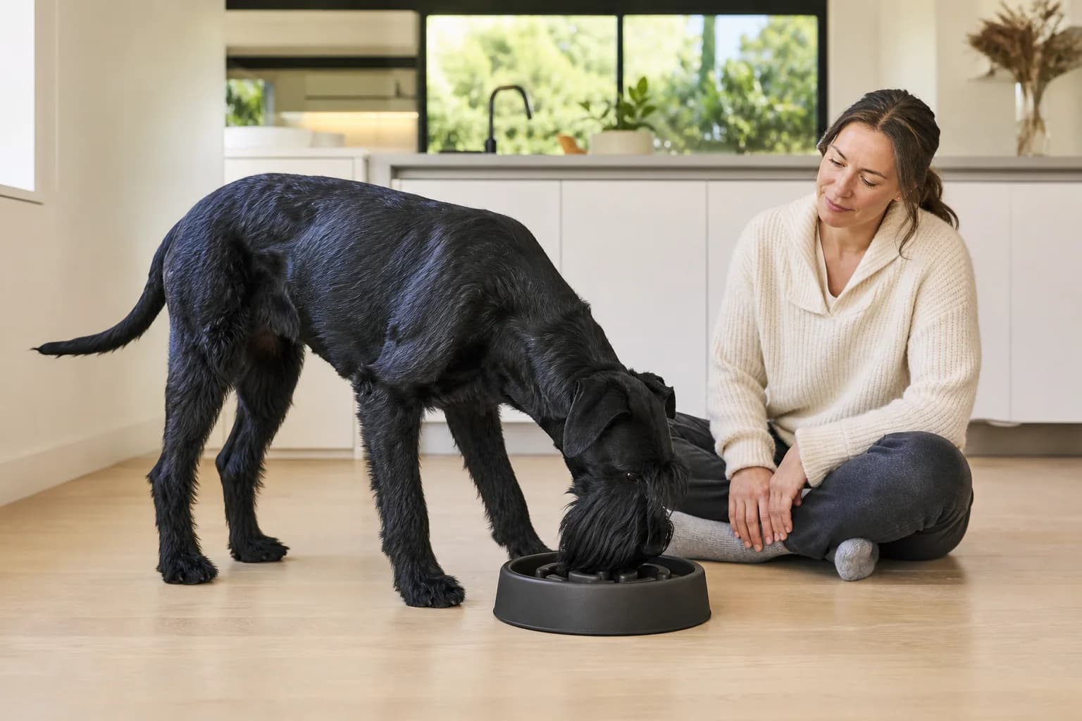 Giant Schnauzer eating calmly from an unbranded floor-level slow feeder under supervision