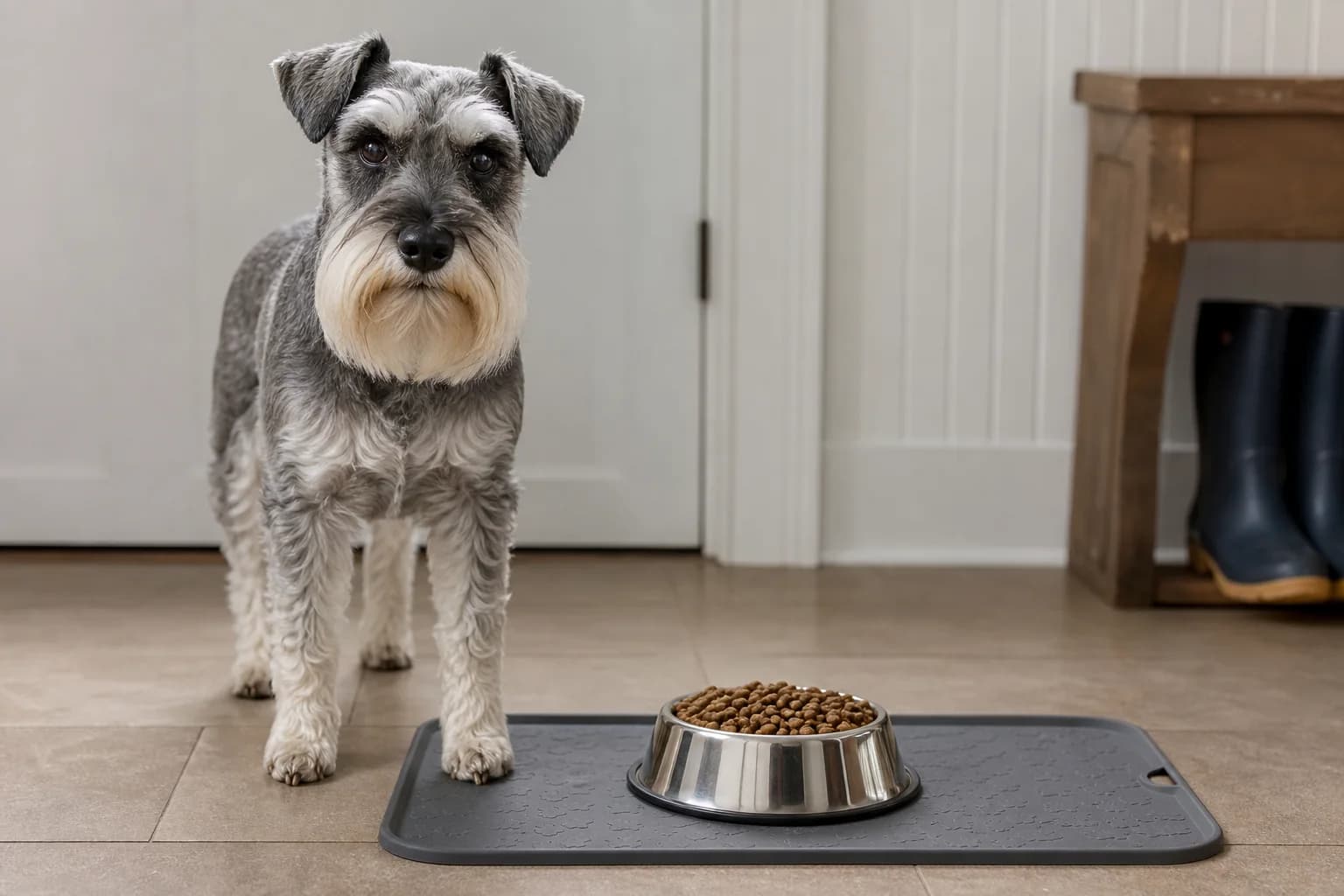 A Miniature Schnauzer waiting beside a measured complete meal