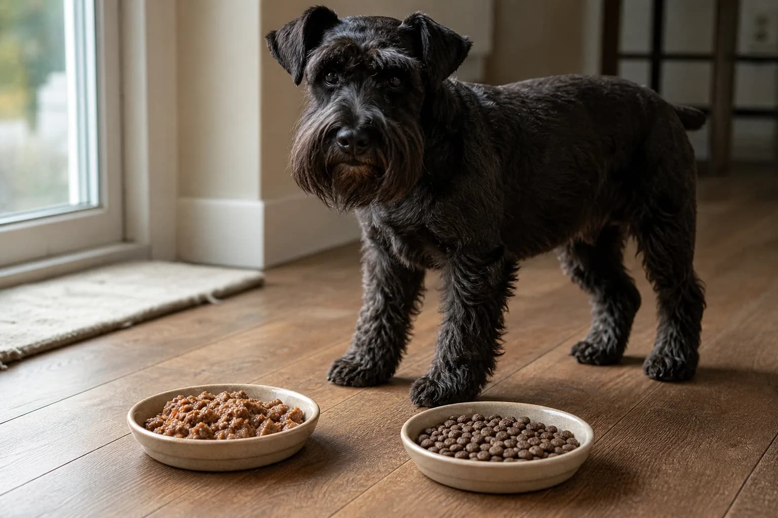 Adult Miniature Schnauzer beside three unbranded food formats arranged for comparison