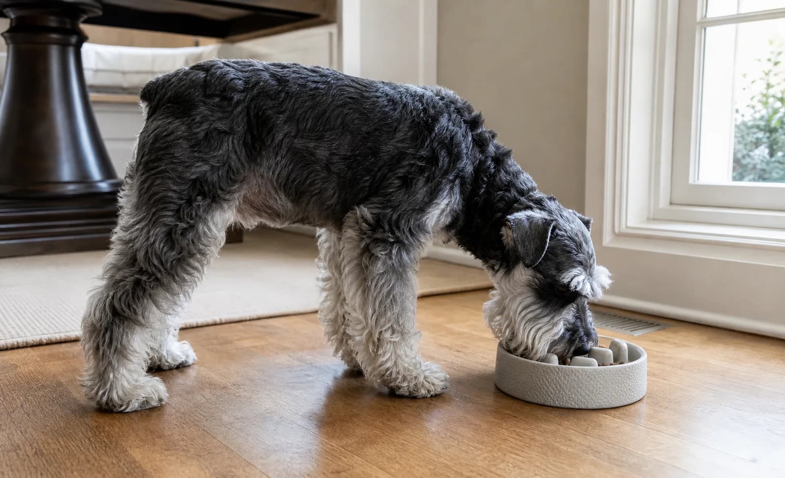 Miniature Schnauzer eating from a small slow-feeding bowl during a supervised meal