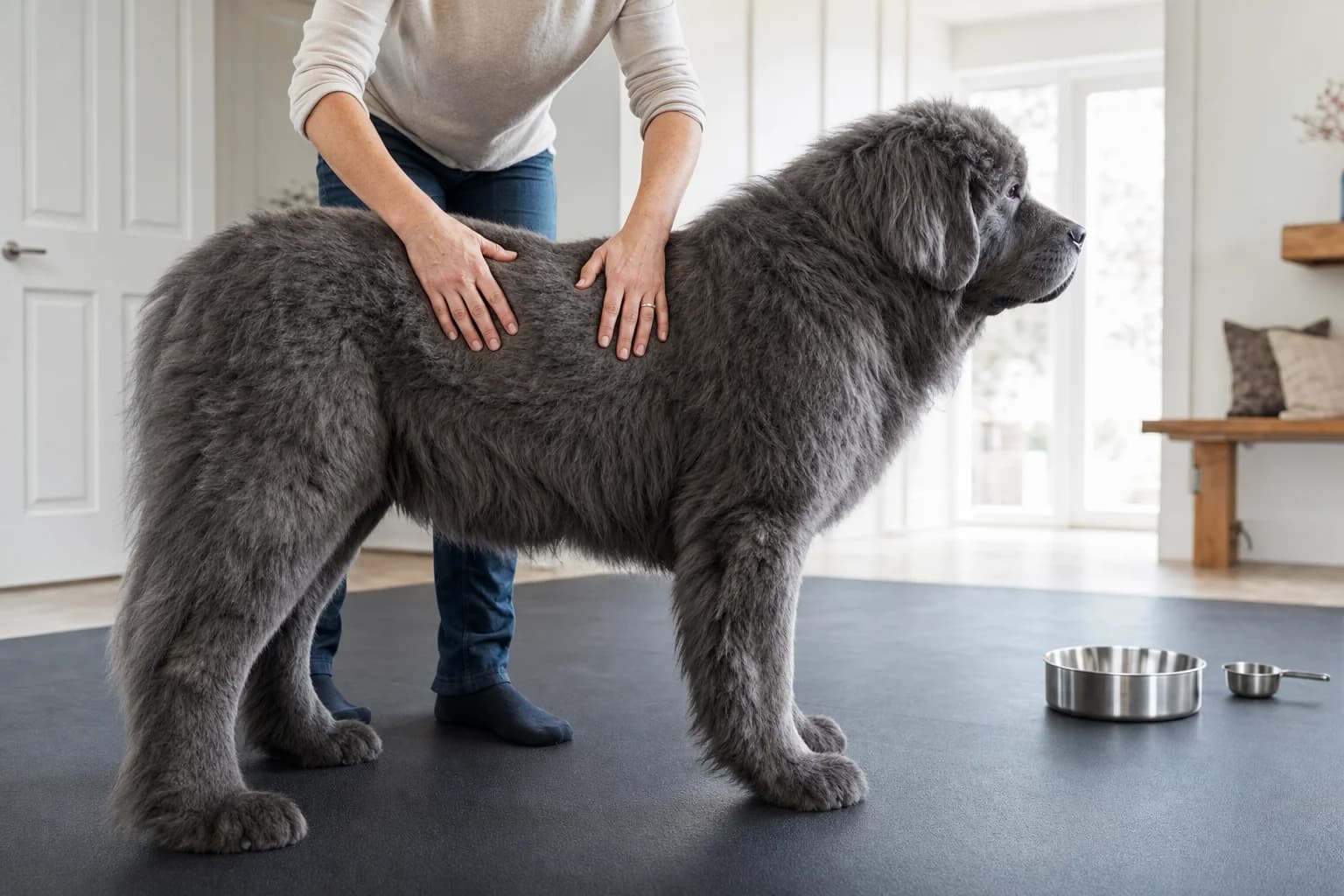 Owner assessing the body condition of a standing gray Newfoundland before measuring food