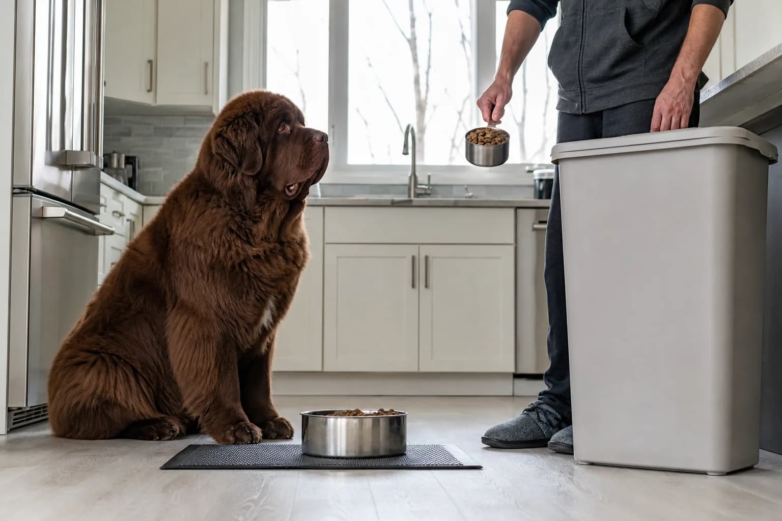 Adult brown Newfoundland waiting beside a measured meal while an owner holds a food scoop