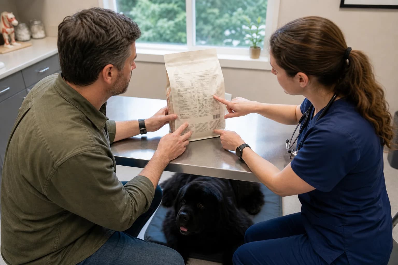 Veterinarian and owner reviewing a dog-food label while a black Newfoundland rests below