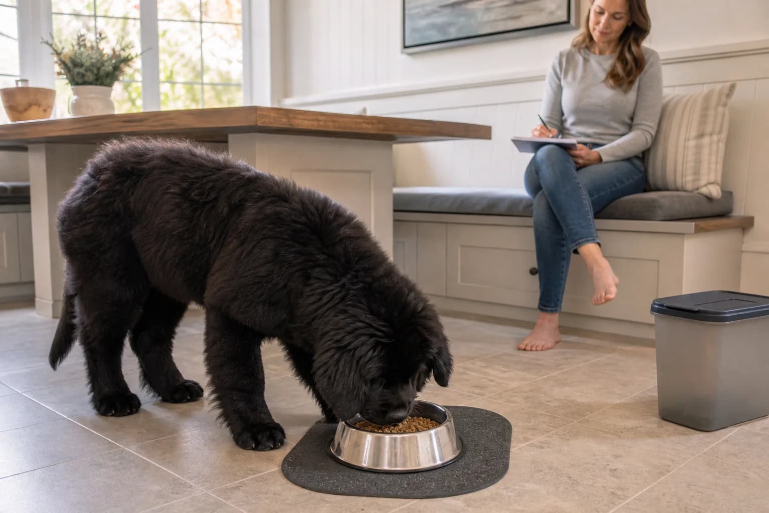 Black Newfoundland puppy eating a measured dry meal while an owner records the portion