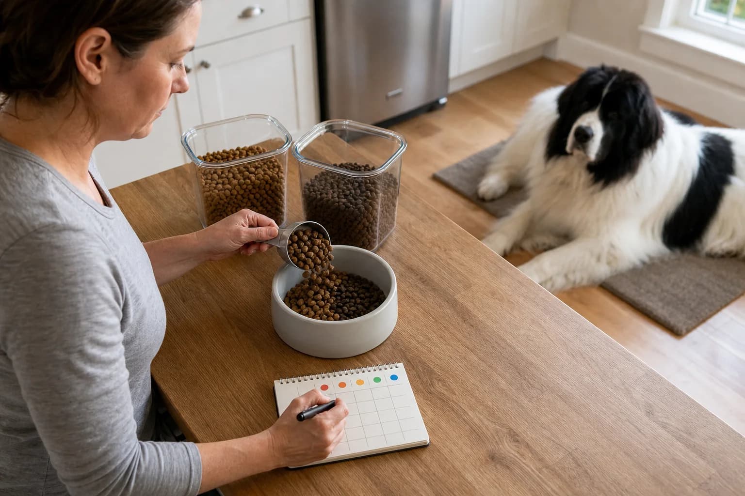 Owner mixing two dry foods and marking a transition log while a Landseer Newfoundland waits