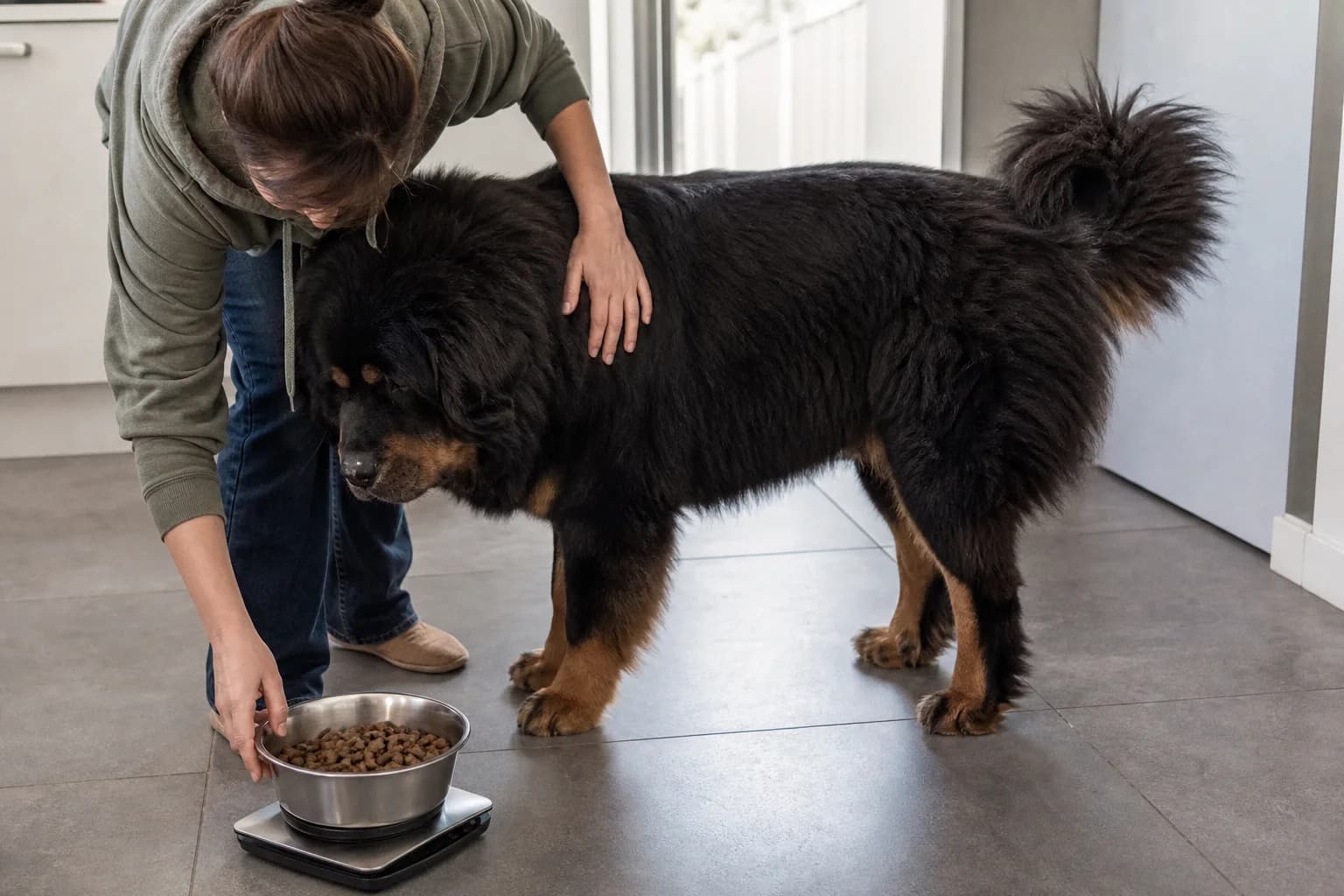 Owner checking a Tibetan Mastiff's body condition beside a measured bowl on a kitchen scale