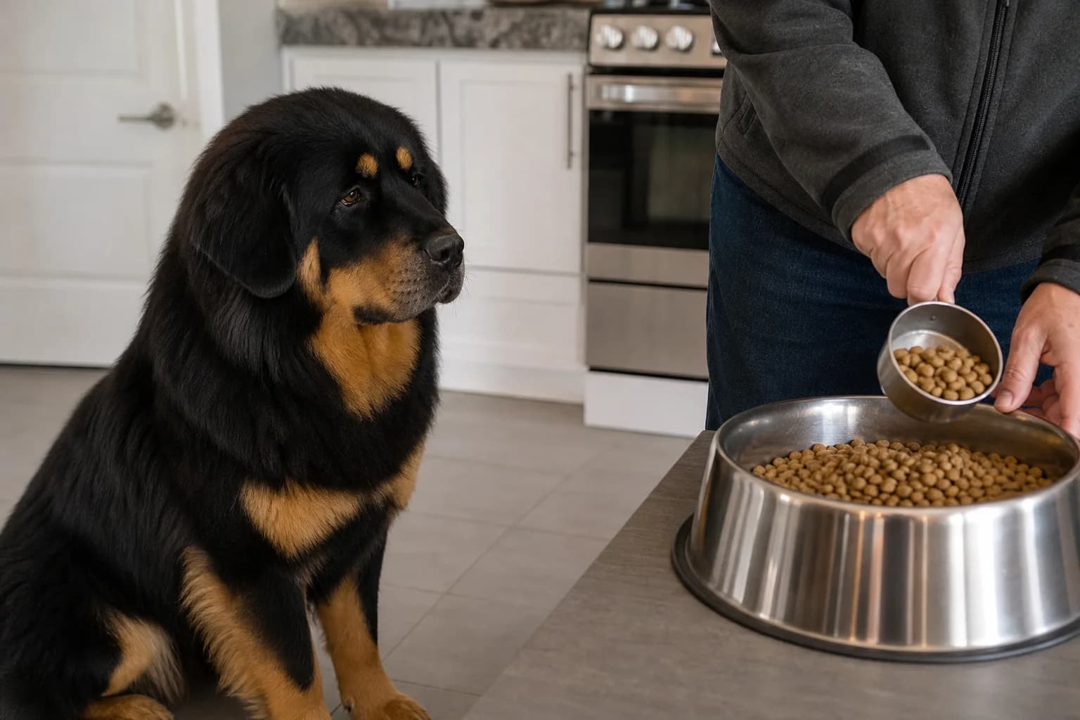 Owner measuring dry dog food into a large bowl beside a waiting Tibetan Mastiff