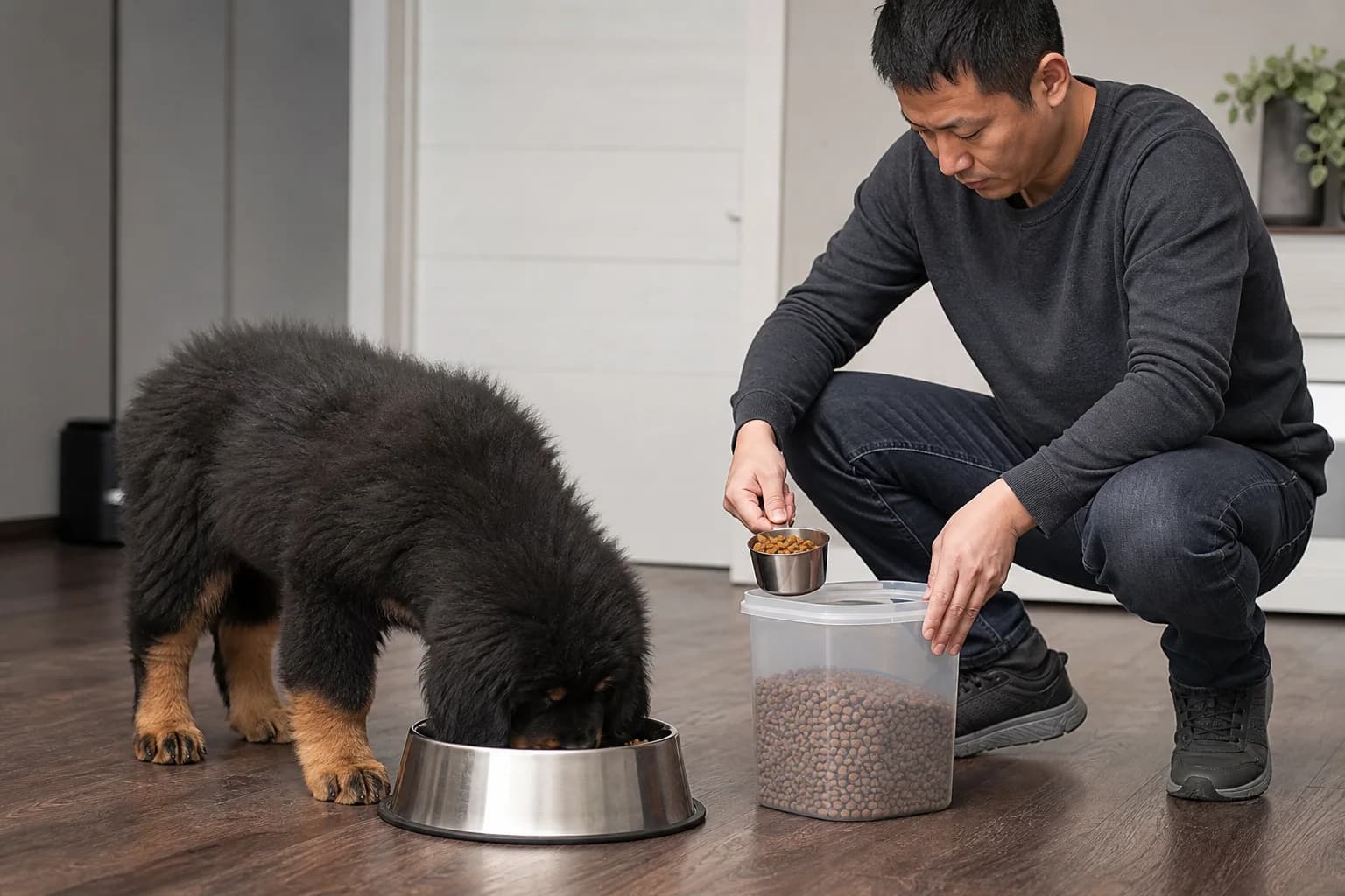 Tibetan Mastiff puppy eating a measured meal while its owner portions food nearby