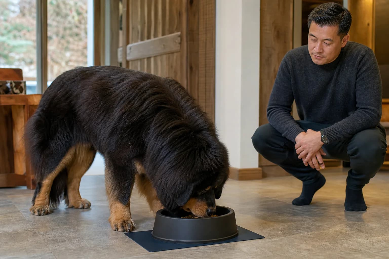 Adult Tibetan Mastiff eating from a slow-feeder bowl on a nonslip mat under supervision