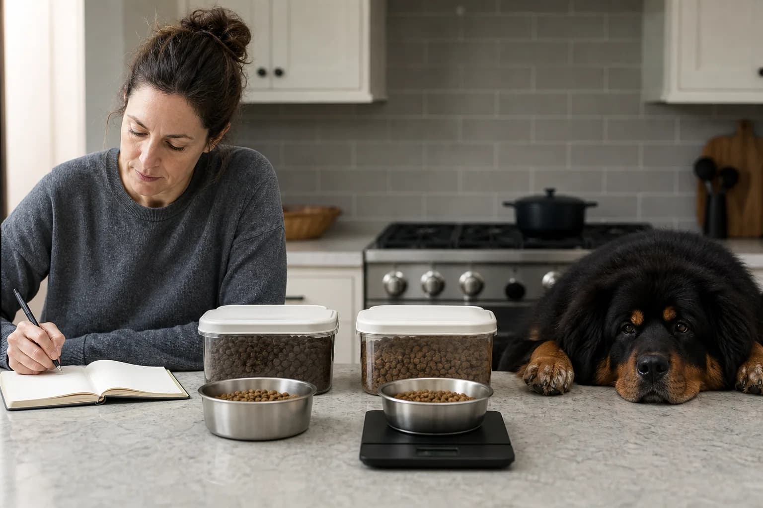 Owner recording a food transition beside two measured bowls and sealed food containers