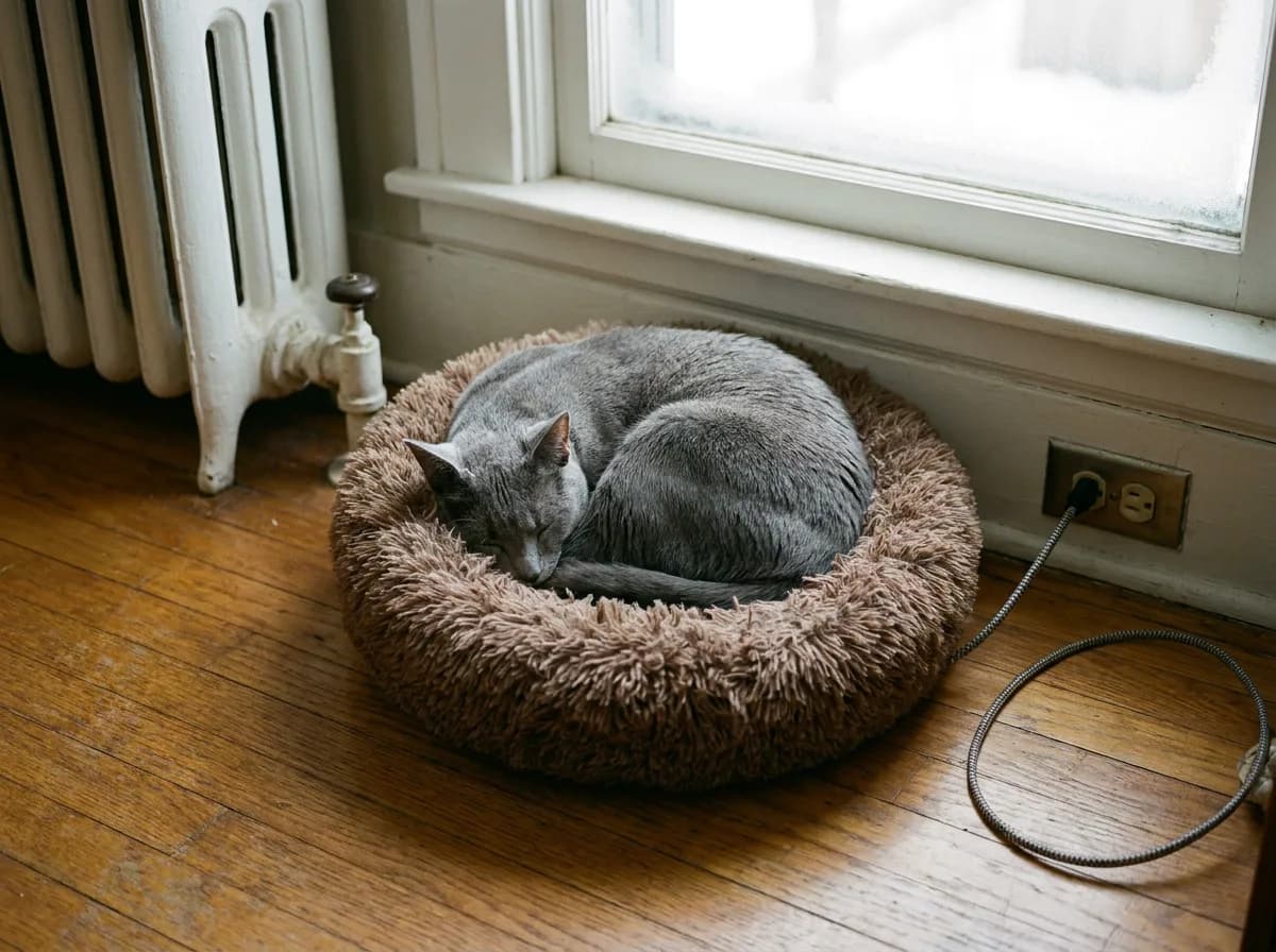 Russian Blue cat curled asleep in a round plush heated bed beside a radiator, its cord running to a wall outlet