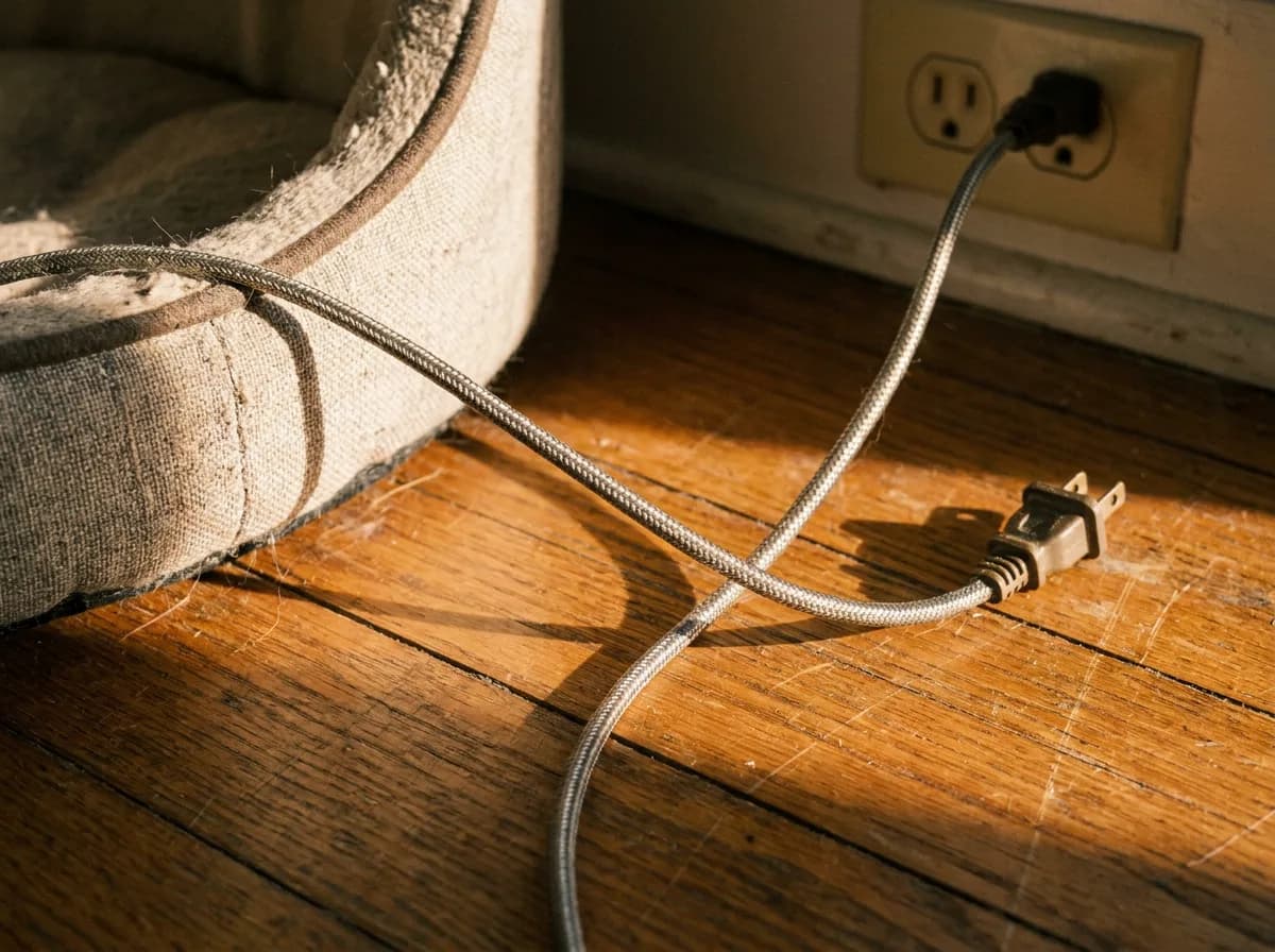 Steel-wrapped power cord of a heated cat bed running across a wood floor to a wall outlet