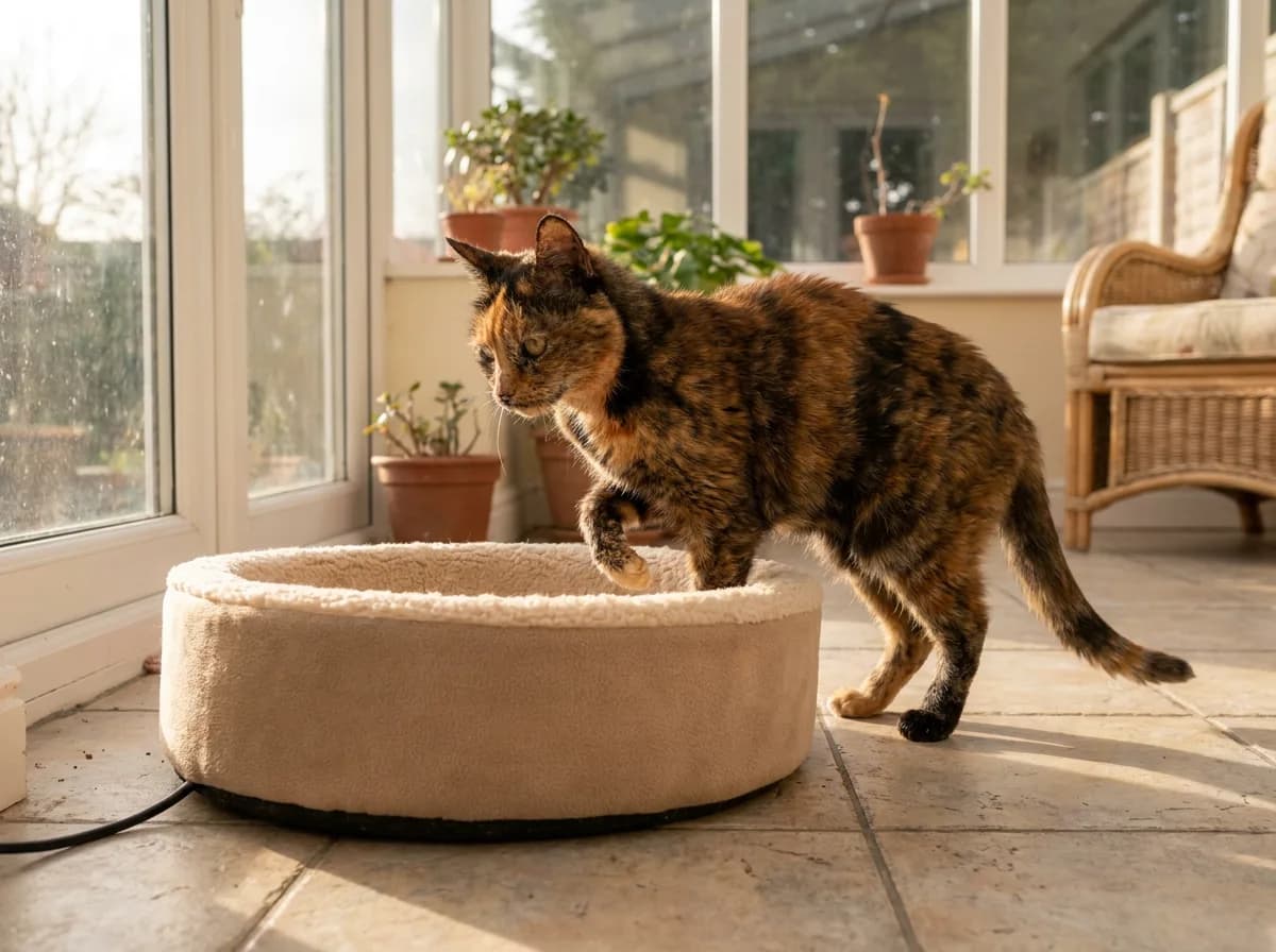 Elderly tortoiseshell cat stepping into a low round heated bed in a sunlit sunroom