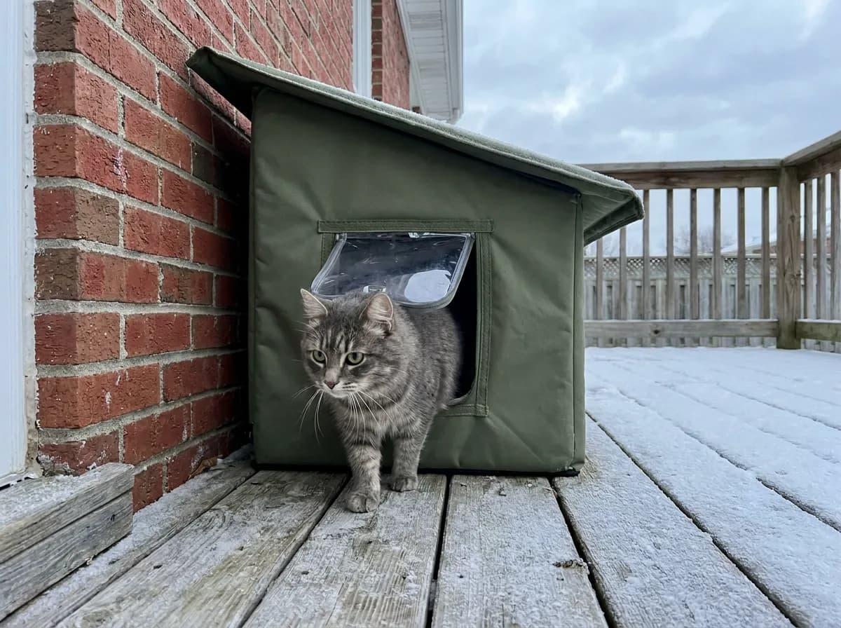 Grey tabby cat stepping out of the clear flap door of an olive-green insulated outdoor cat house on a frosty wooden deck beside a brick wall