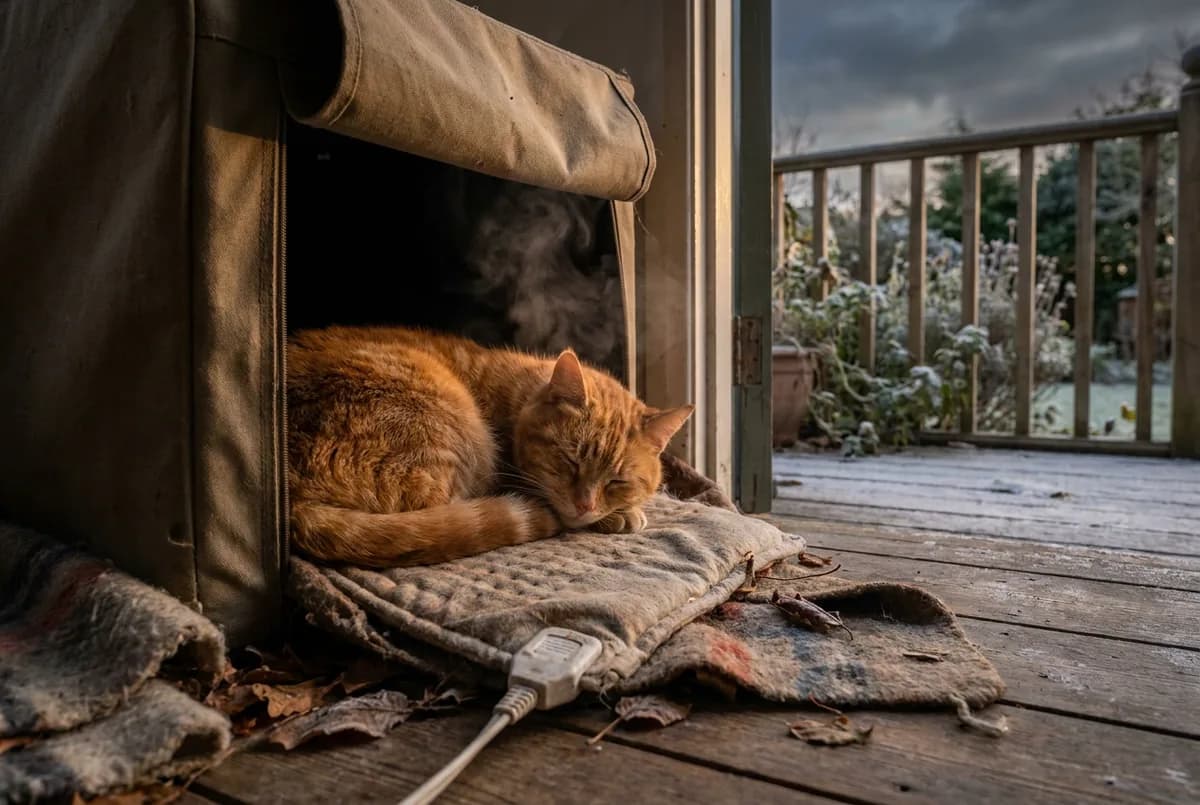 Orange tabby cat curled asleep on a heated pad inside the open doorway of a fabric outdoor cat shelter on a frosty deck